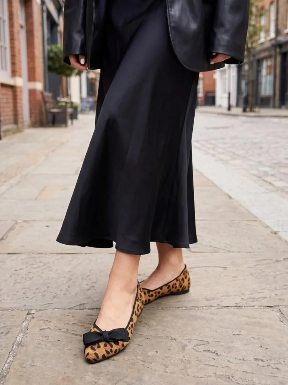 Women's Leopard Pointed Toe Comfortable Dressy Knit Bow Casual Ballet Flat Shoes